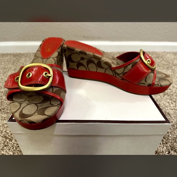 Y2K Coach Sandals Wedges Gretta Orange & Khaki Designer w/Box Vintage Fabric 8 - Picture 6 of 11